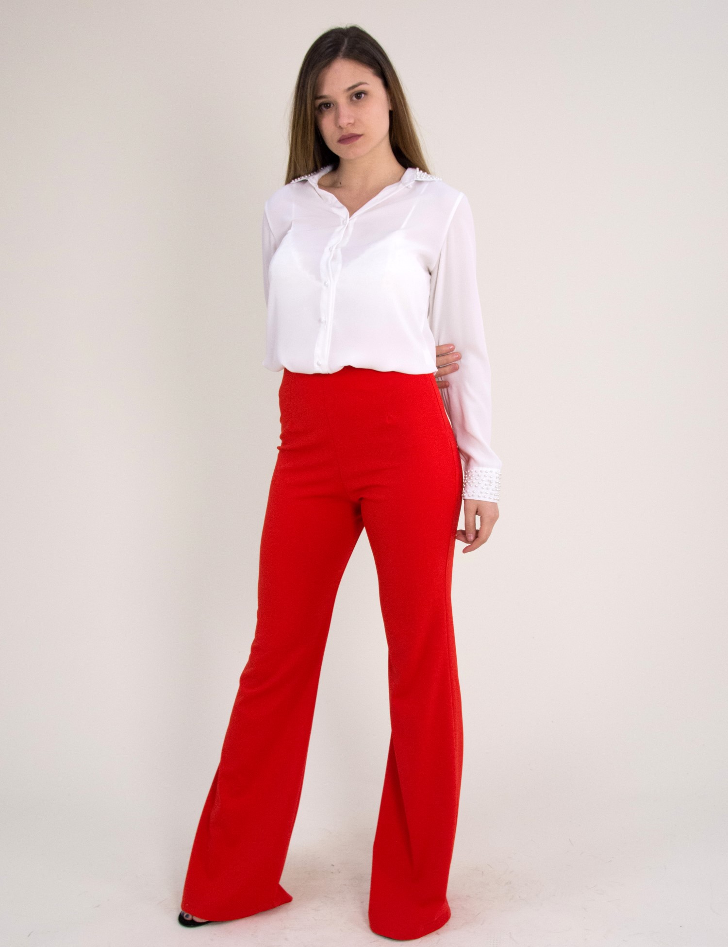 Γυναικείο μονόχρωμο παντελόνι κόκκινο καμπάνα 8124119